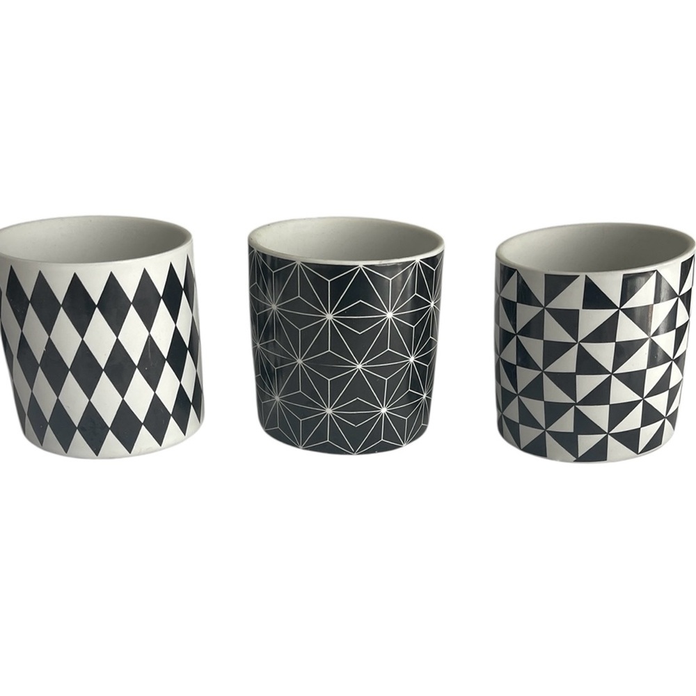 Set of 3 Black & White 3” Tall Ceramic Planters
